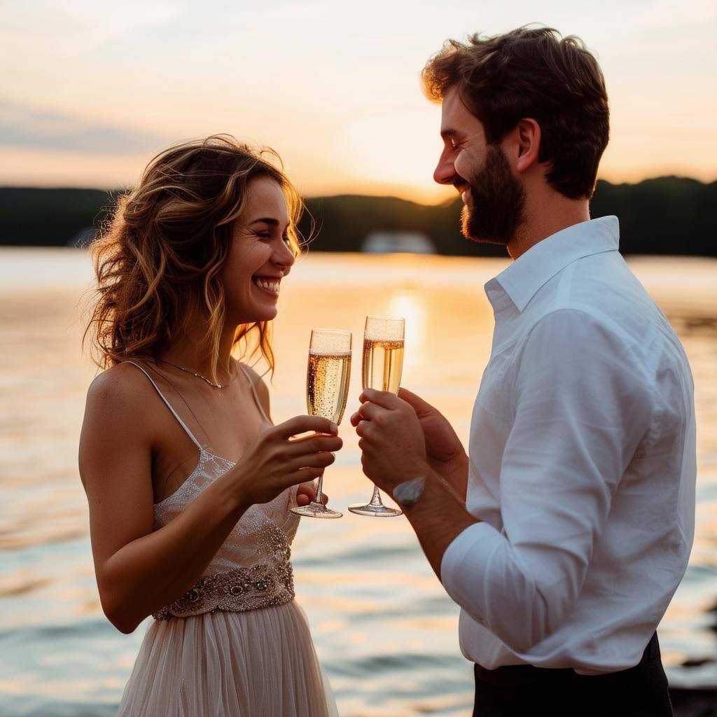 beautiful couple celebrating engagement at lakeshore with champagne