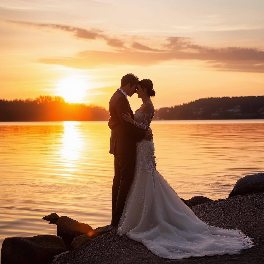 wedding couple at lakeshore with beautiful sunset